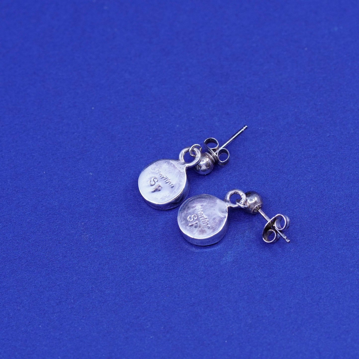 Navajo Steve Francisco sterling 925 silver handmade earrings w/ round fire opal