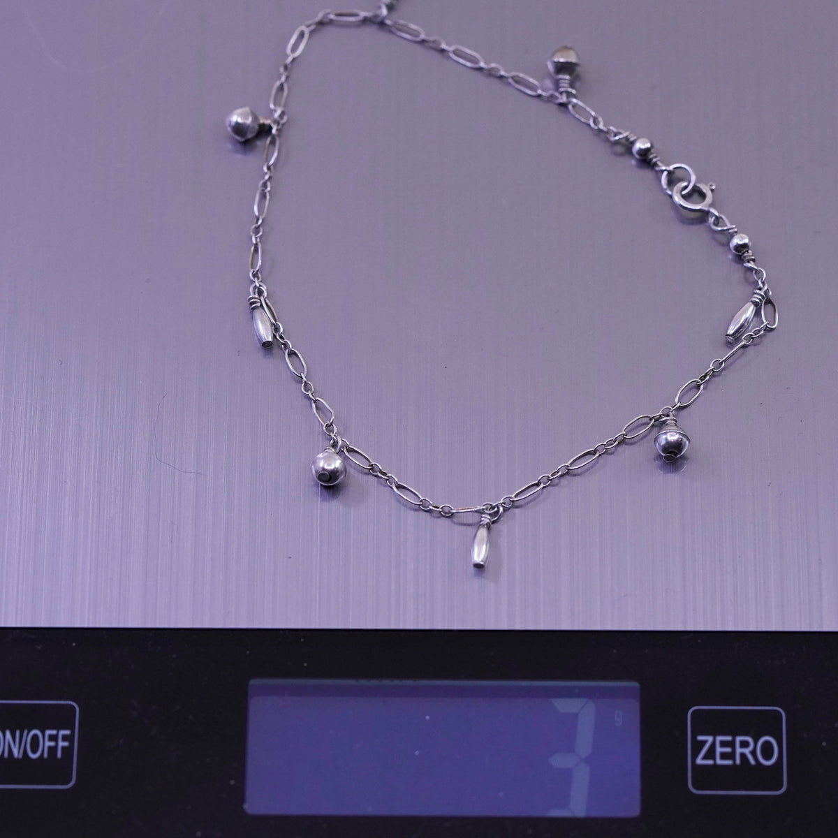 9.5”, Vintage sterling silver handmade anklet bracelet, 925 circle chain charms