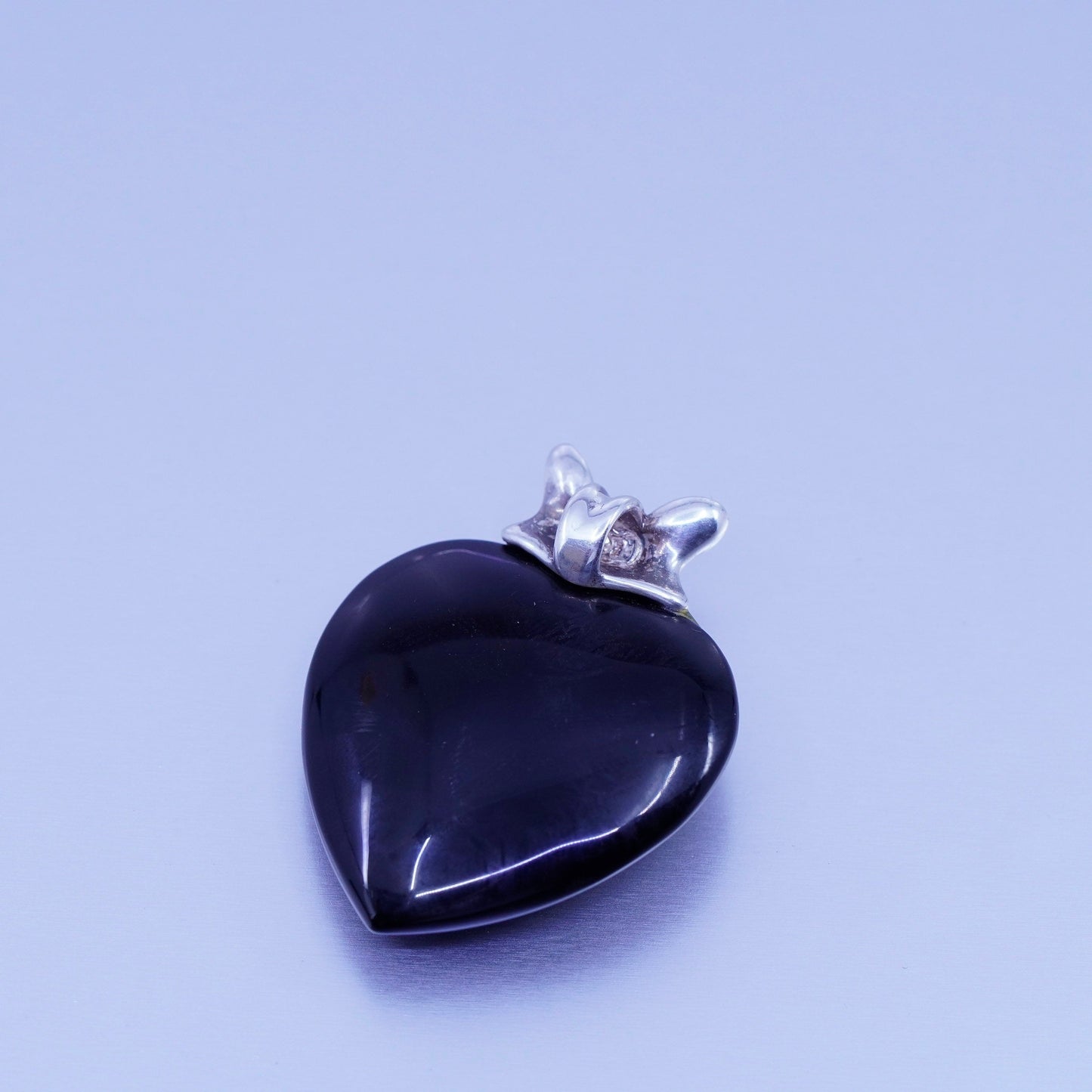 antique sterling 925 silver obsidian heart pendant with ribbon bow tie