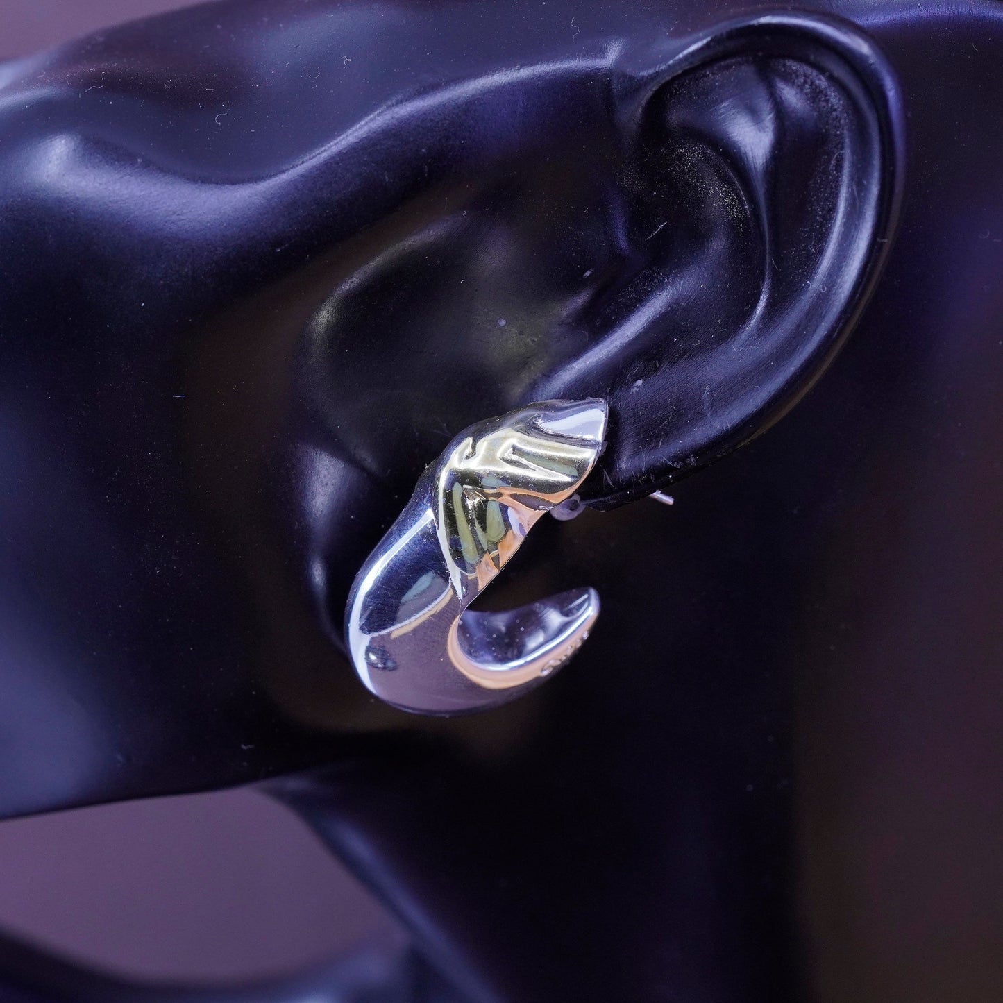 1.25”, two tone Sterling silver handmade earrings, 925 Huggie studs with 14K GF