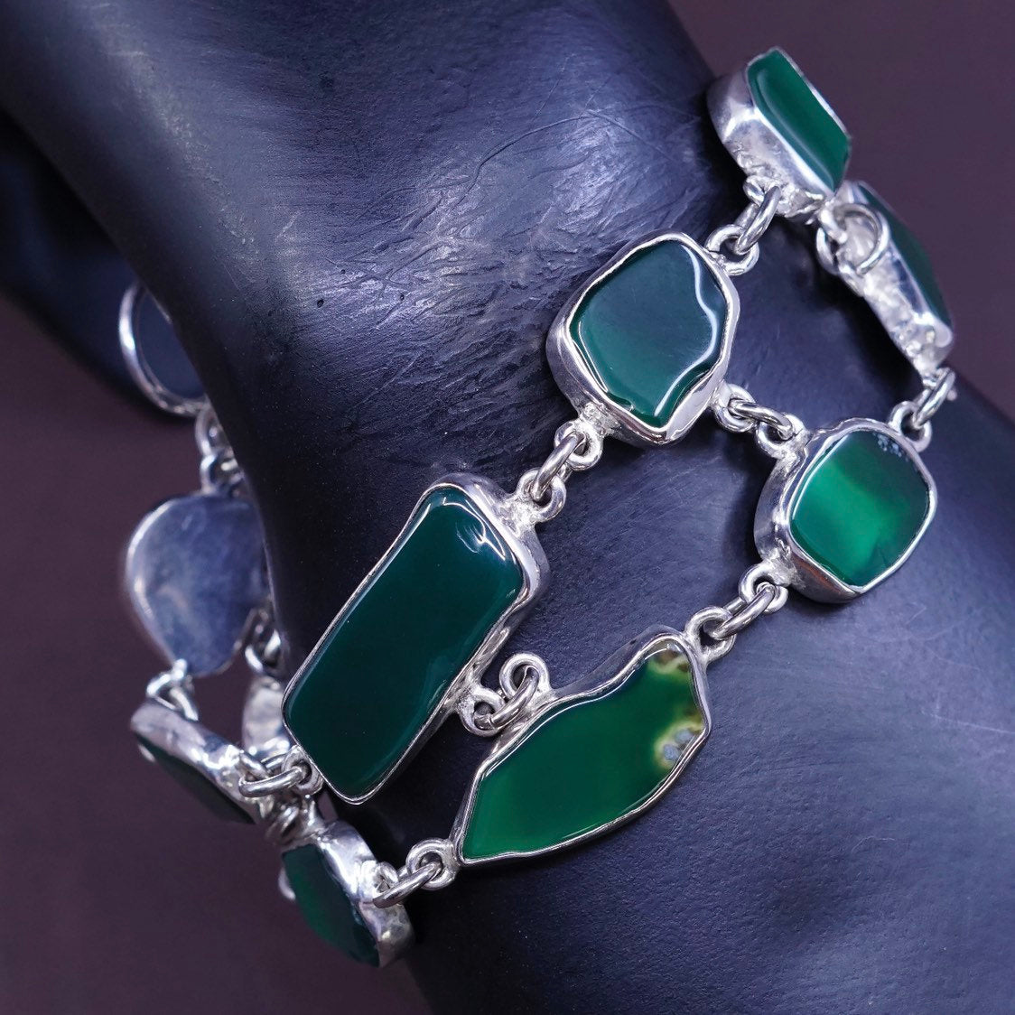 5.75", vtg Sterling silver handmade double strands jade nugget bracelet