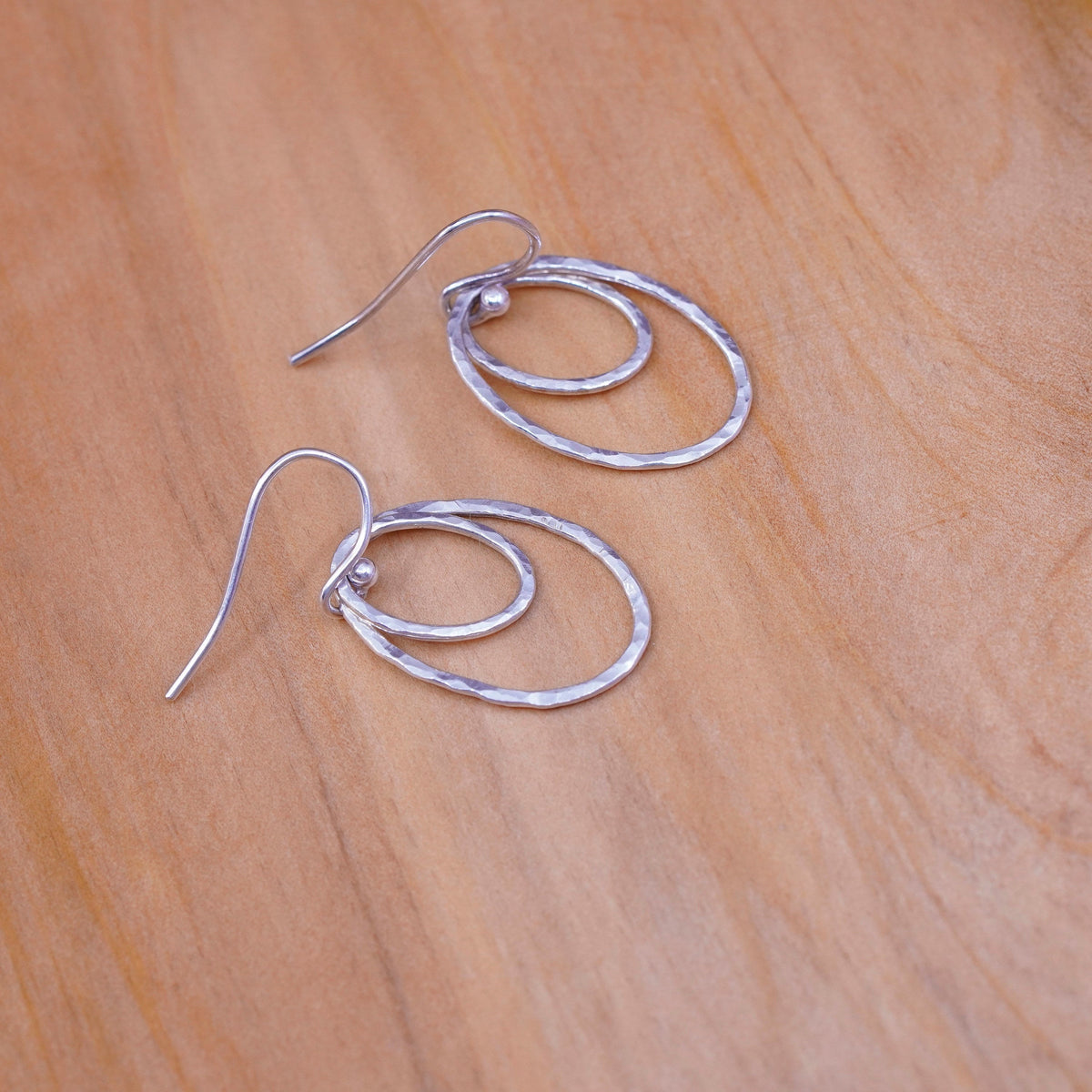 Vintage Sterling silver handmade earrings, 925 double oval circles dangle
