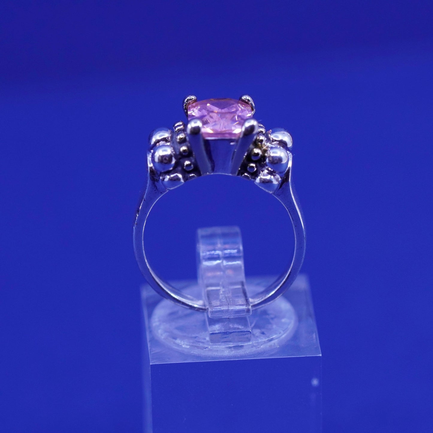 Size 6, vintage Sterling 925 silver handmade statement ring with pink crystal