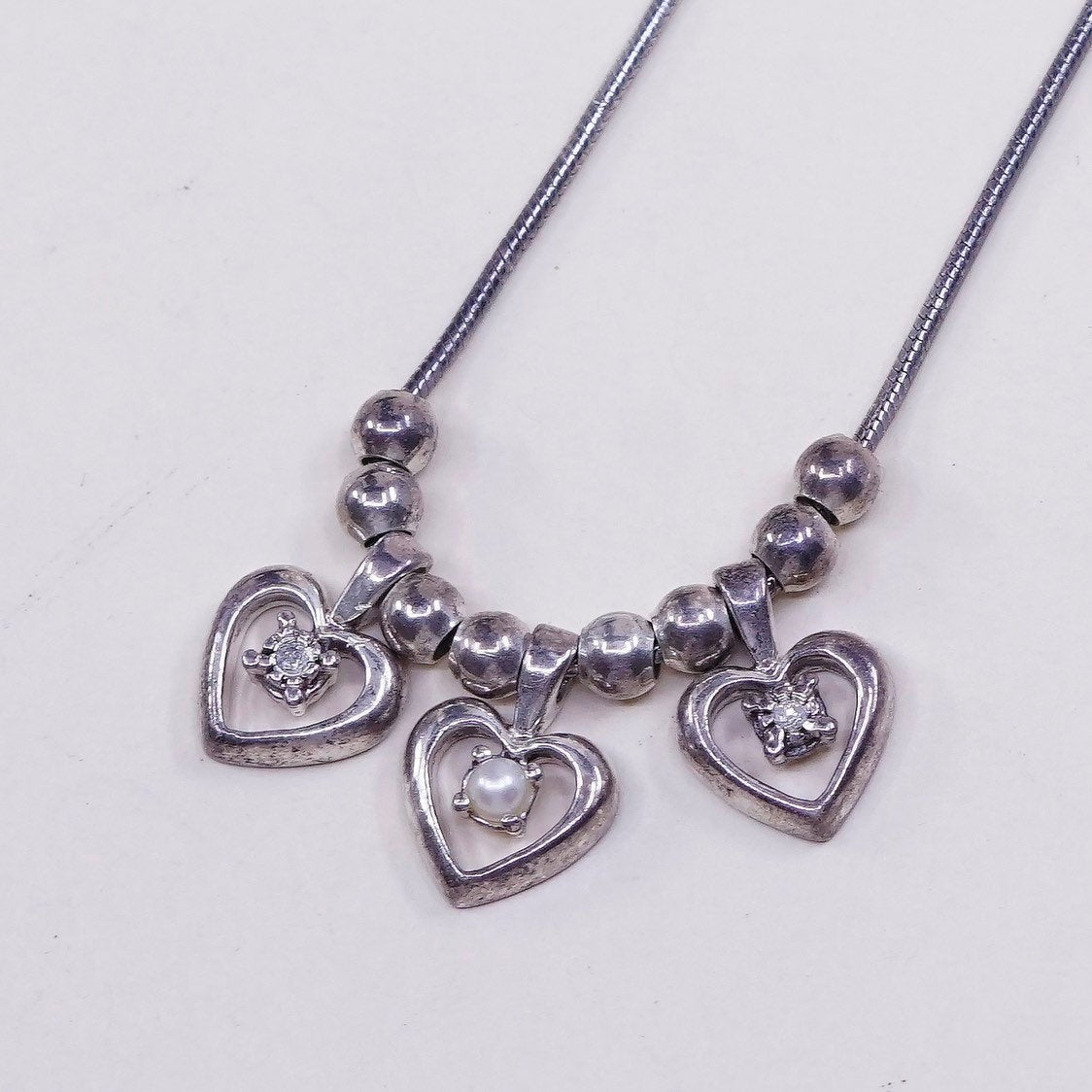 20", 1mm, vtg Sterling silver necklace, Italy 925 snake chain w/ heart pendant