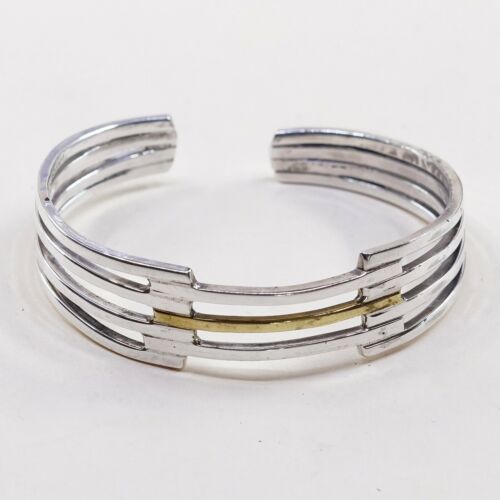 6.25”, Vtg Two Tone Sterling Silver Handmade wide Cuff, Meixco 925 Bracelet