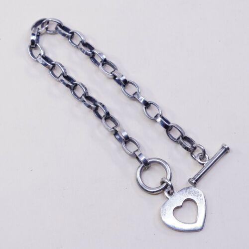 6.25” Vintage Sterling Silver Handmade Bracelet, 925 Silver chain w/ heart charm