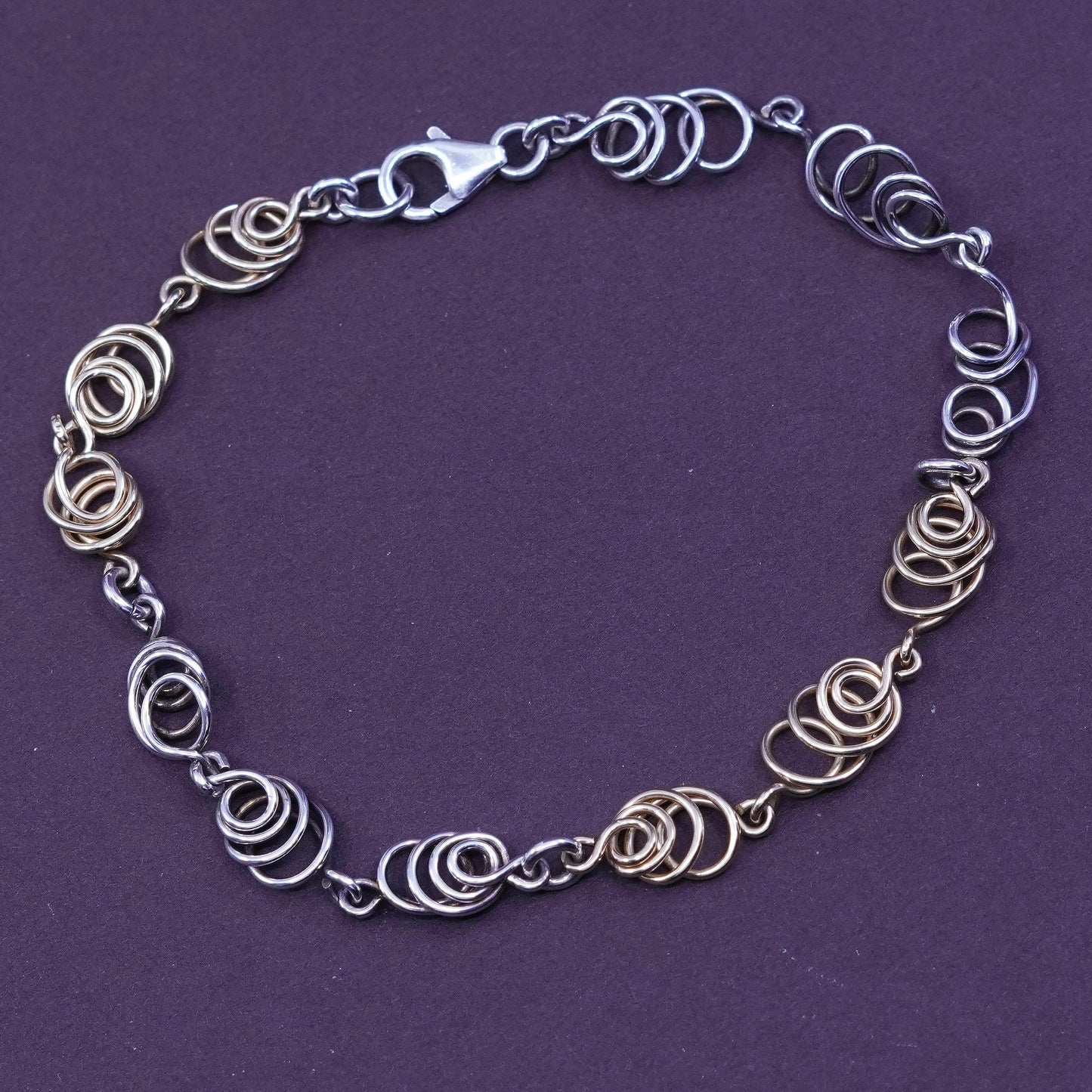 7.75”, vintage two tone Sterling silver handmade bracelet, 925 swirl link chain