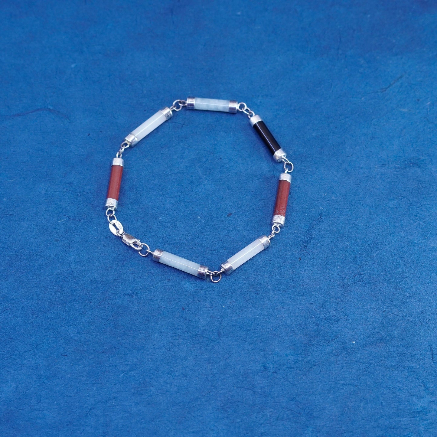 7”, vintage sterling 925 silver handmade bracelet jade, carnelian obsidian tube