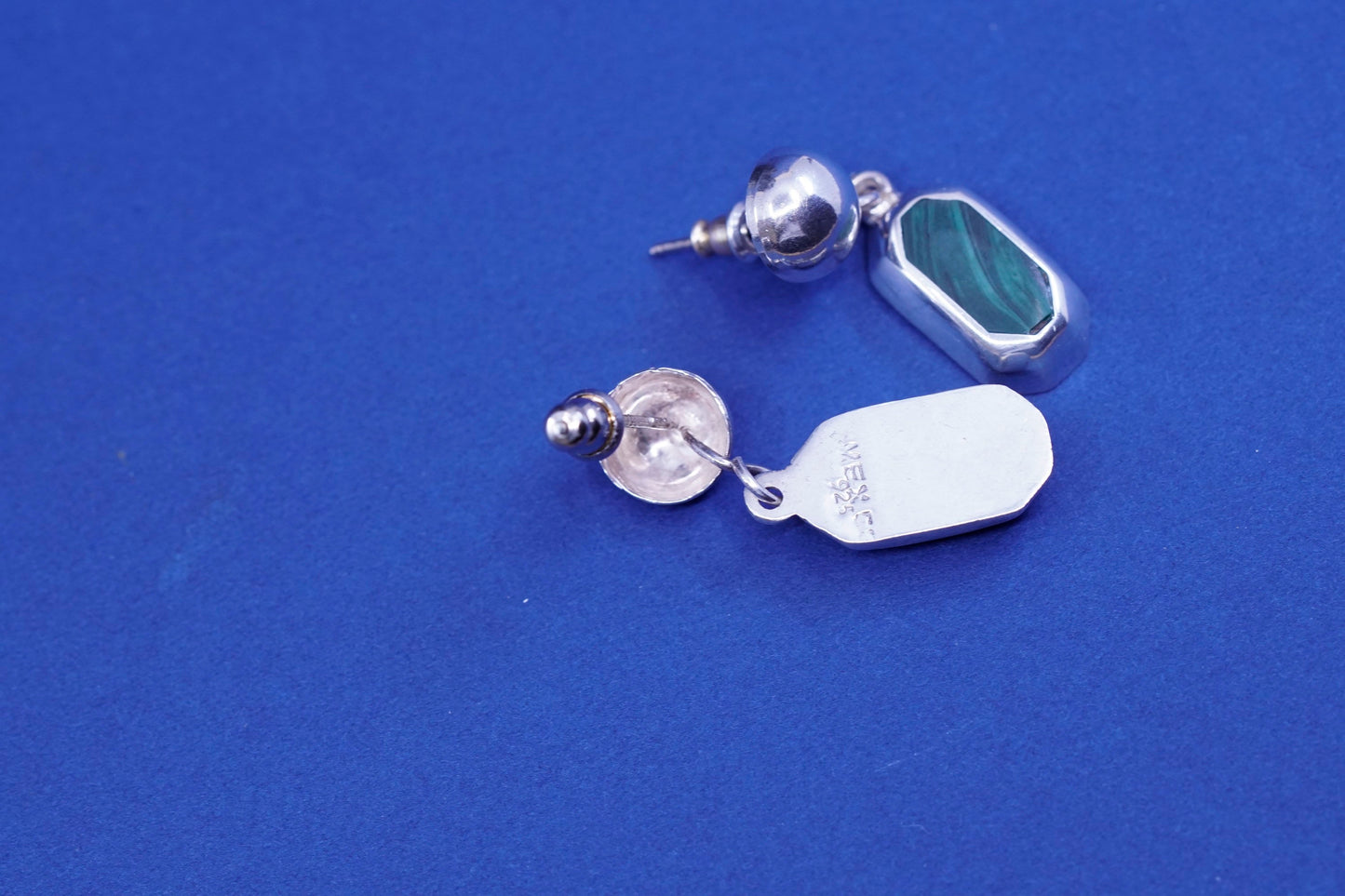 Vintage mexico sterling silver handmade earrings, 925 dangles with malachite
