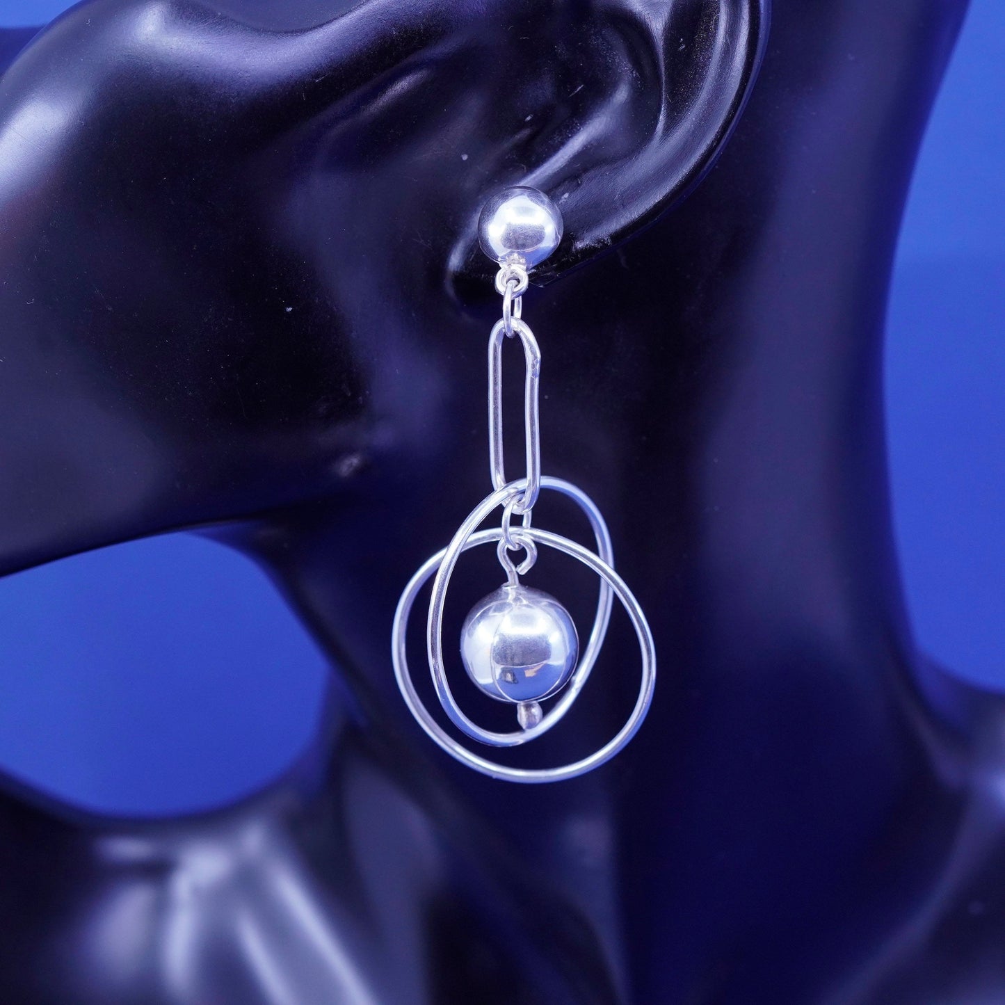 Vintage sterling silver handmade earrings, Mexico 925 entwined circles beads