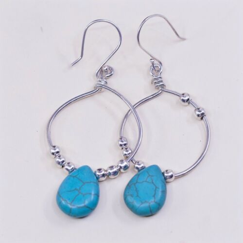 Vtg Hoops handmade Sterling 925 Silver Earrings w/ Teardrop turquoise