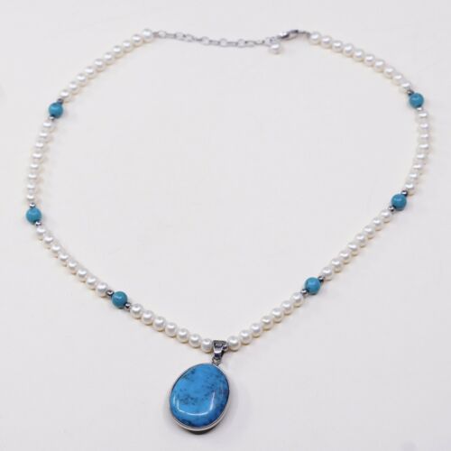 16”+2”, Vtg Sterling 925 silver handmade necklace W/ Pearl N Turquoise Pendant