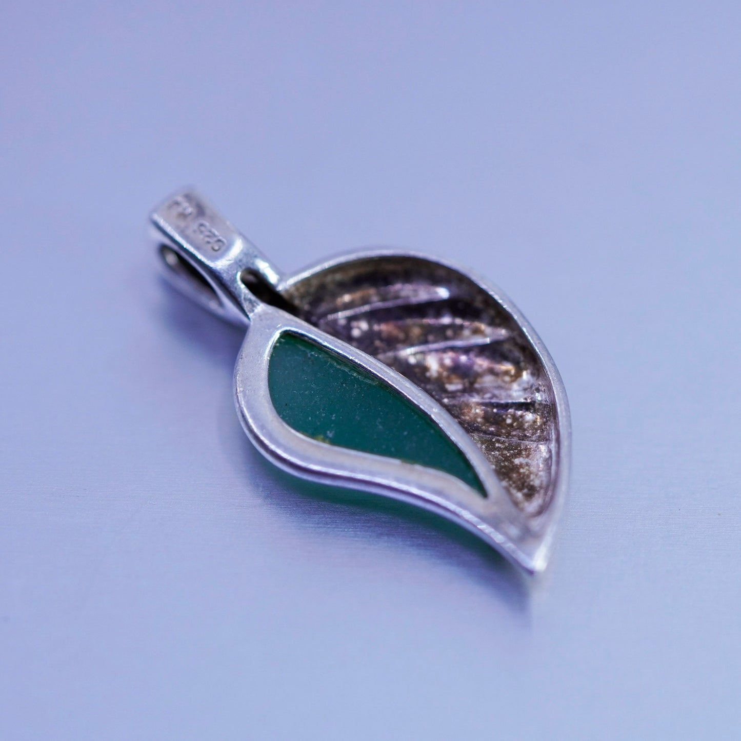 antique sterling 925 silver leaf pendant with green jade