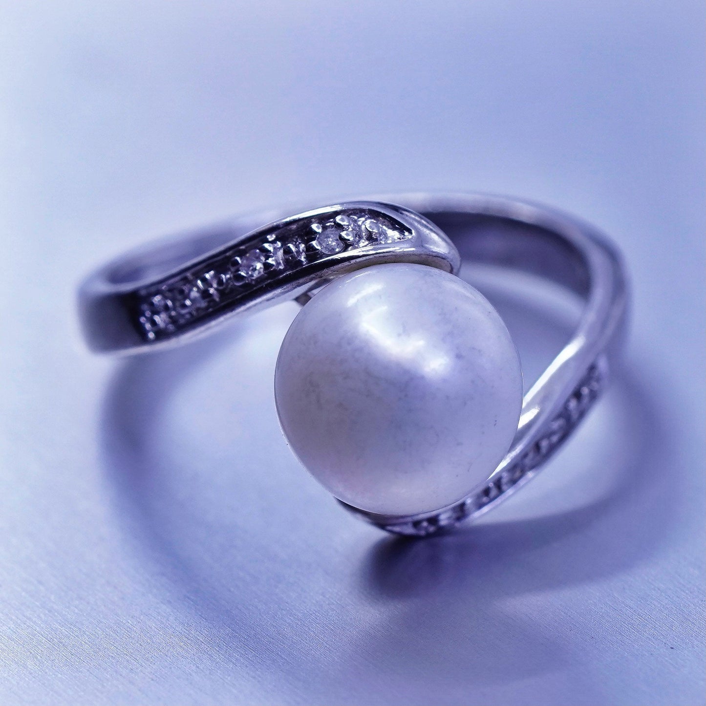 Size 7.5, vintage Sterling 925 silver handmade ring with pearl and diamond