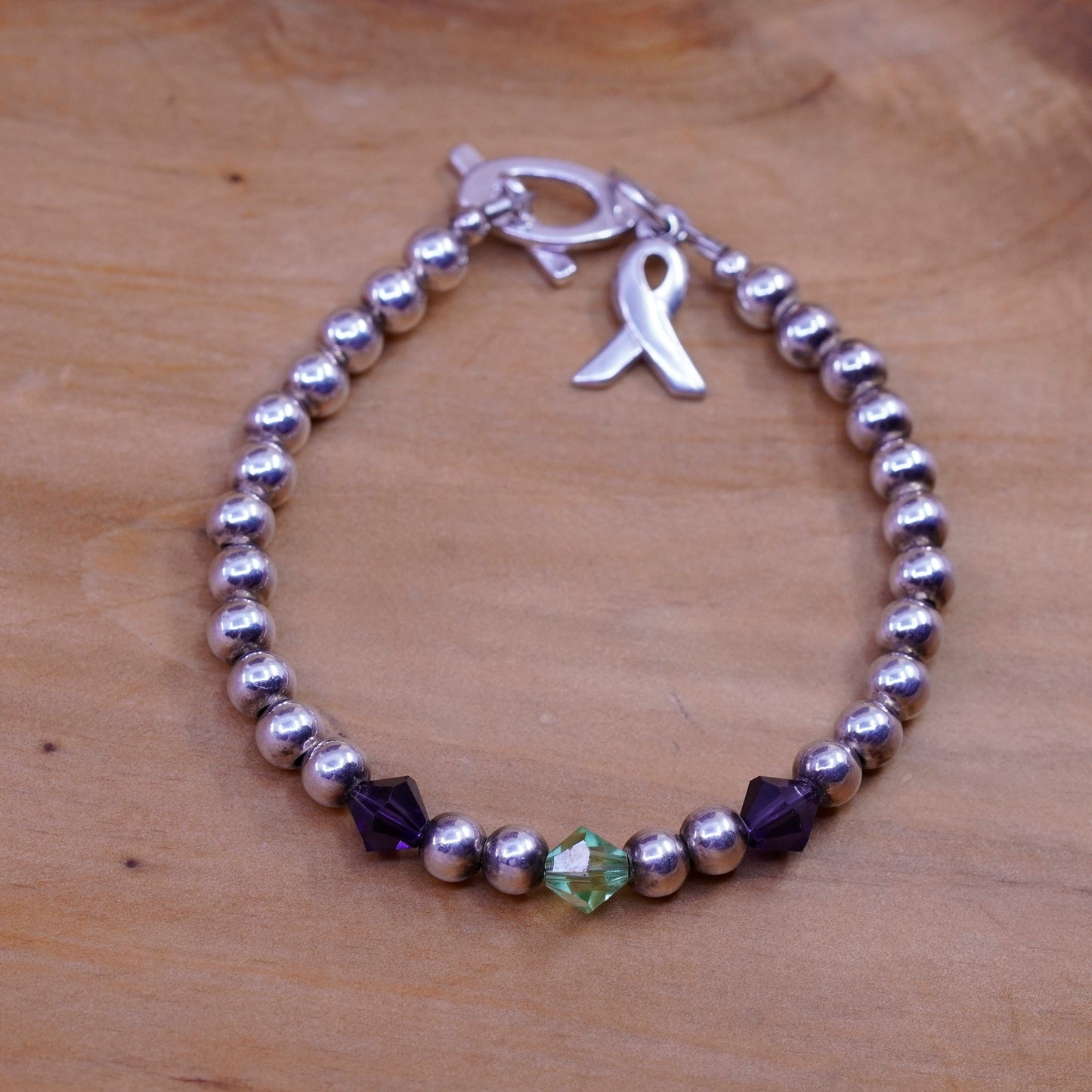6”, vtg Sterling 925 silver handmade beads bracelet with ribbon bow tie charm
