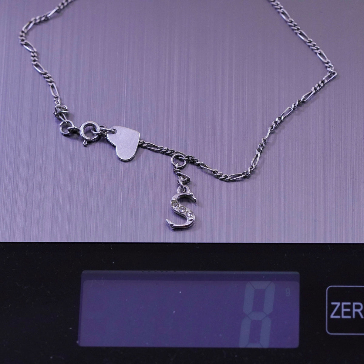 9.25”, sterling silver ankle bracelet, 925 chain, figaro anklet heart charm