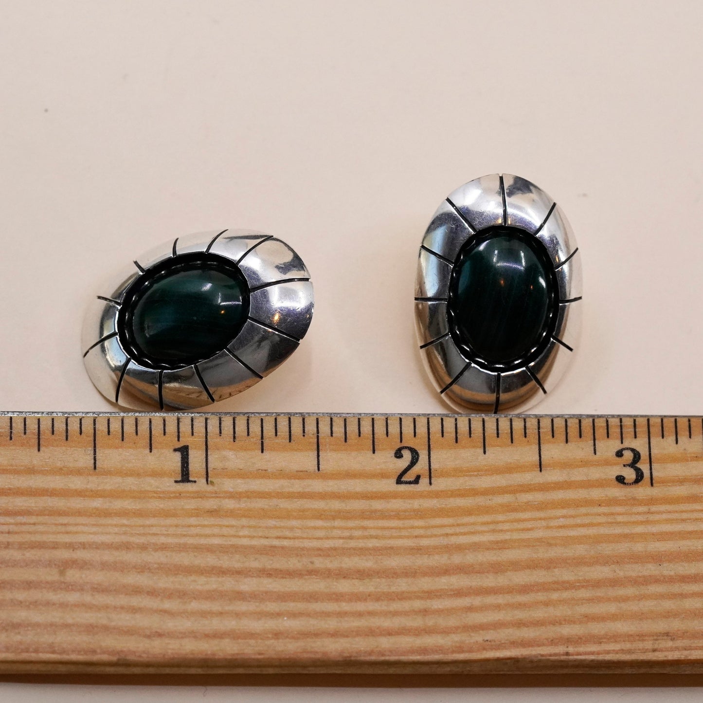 vtg Sterling 925 silver Carolyn Pollack Relios earrings, oval studs malachite