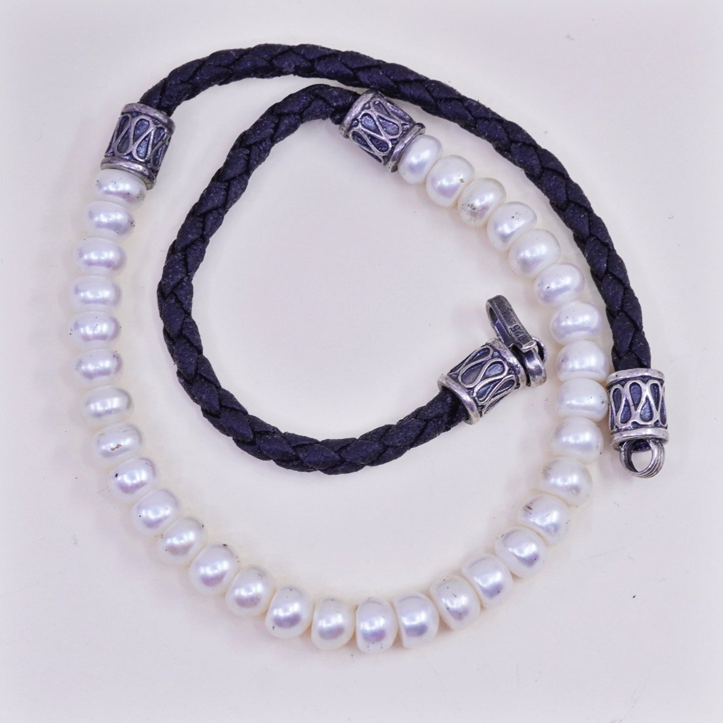 Vintage Braided Black Leather necklace with Pearl and Sterling 925 silver clasp