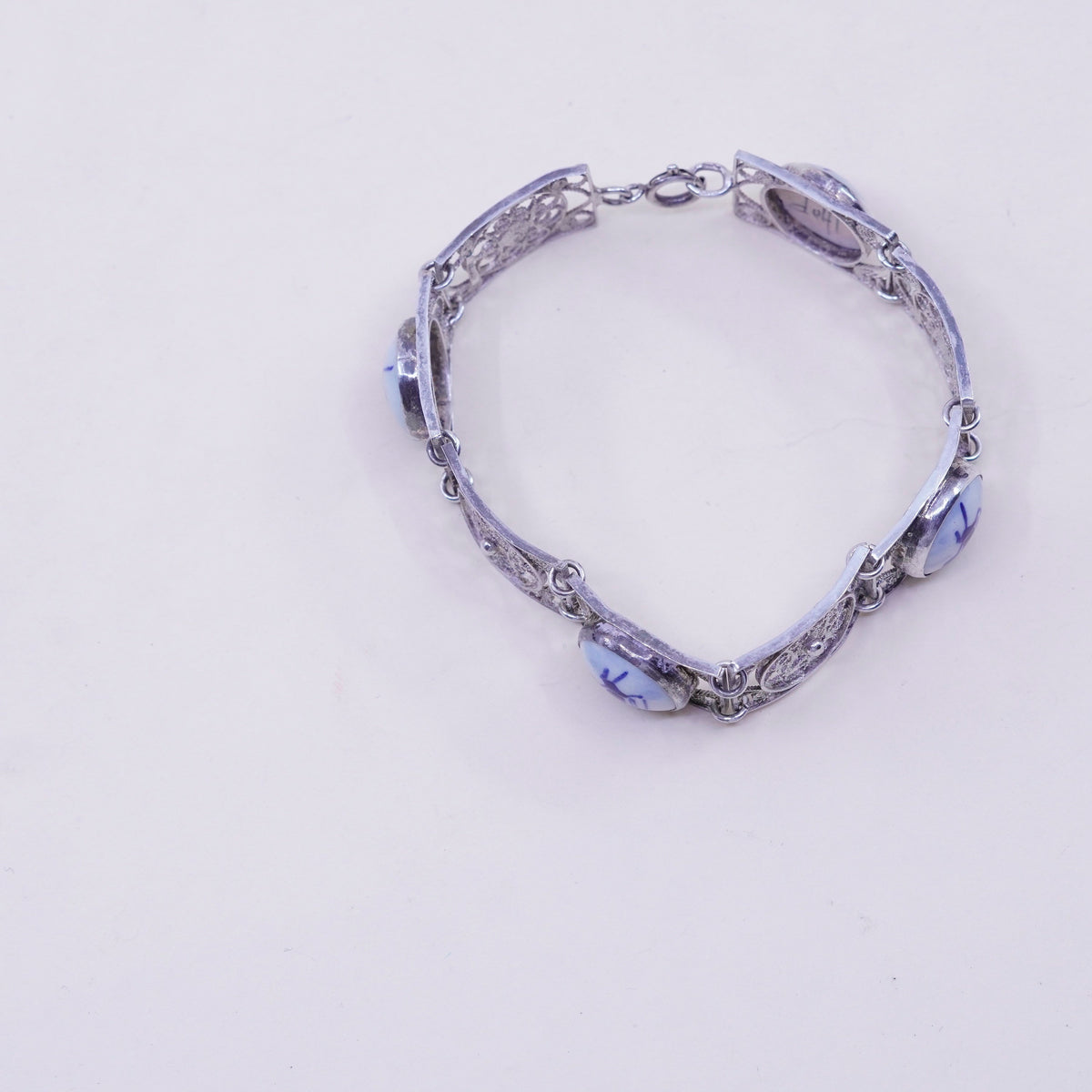 vtg Holland Delft Blue Windmill .925 Sterling Silver Bezel filigree bracelet