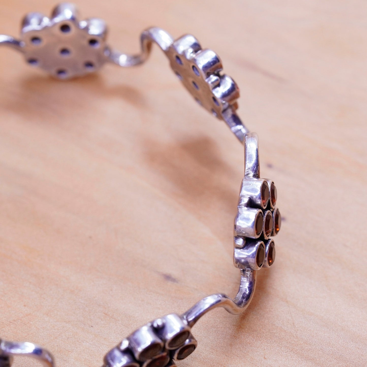 7.5”, southwestern Sterling silver handmade bracelet, 925 bangle ruby flower