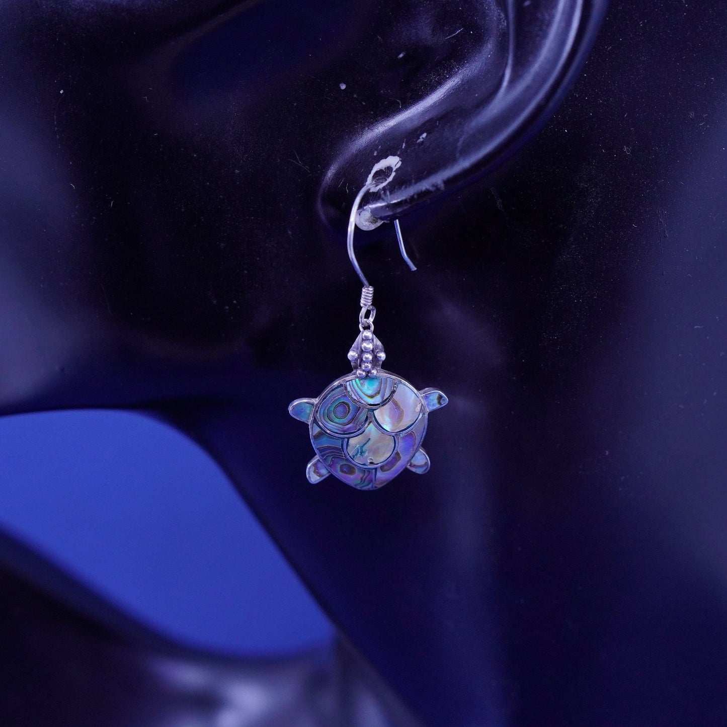 Vintage Sterling silver handmade earrings, 925 turtle drops with abalone