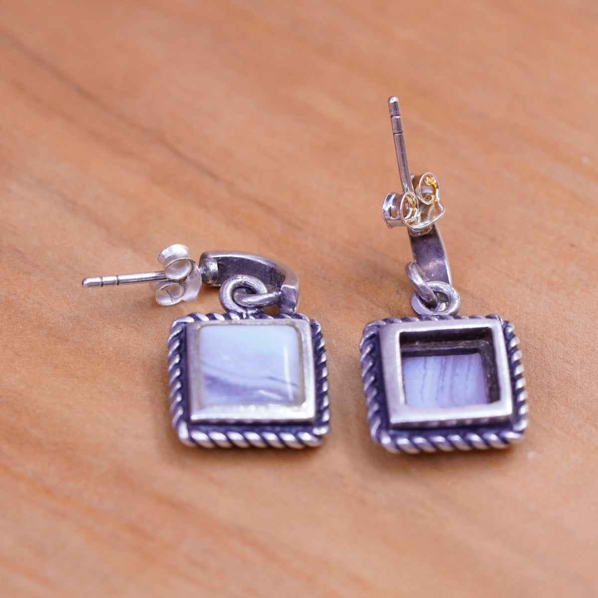 Vintage Sterling silver handmade earrings, 925 Huggie studs lace agate cable