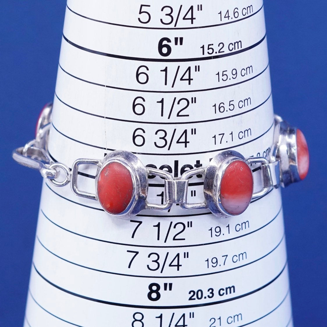 7", vtg sterling silver handmade bracelet with red Chalcedony, silver tested