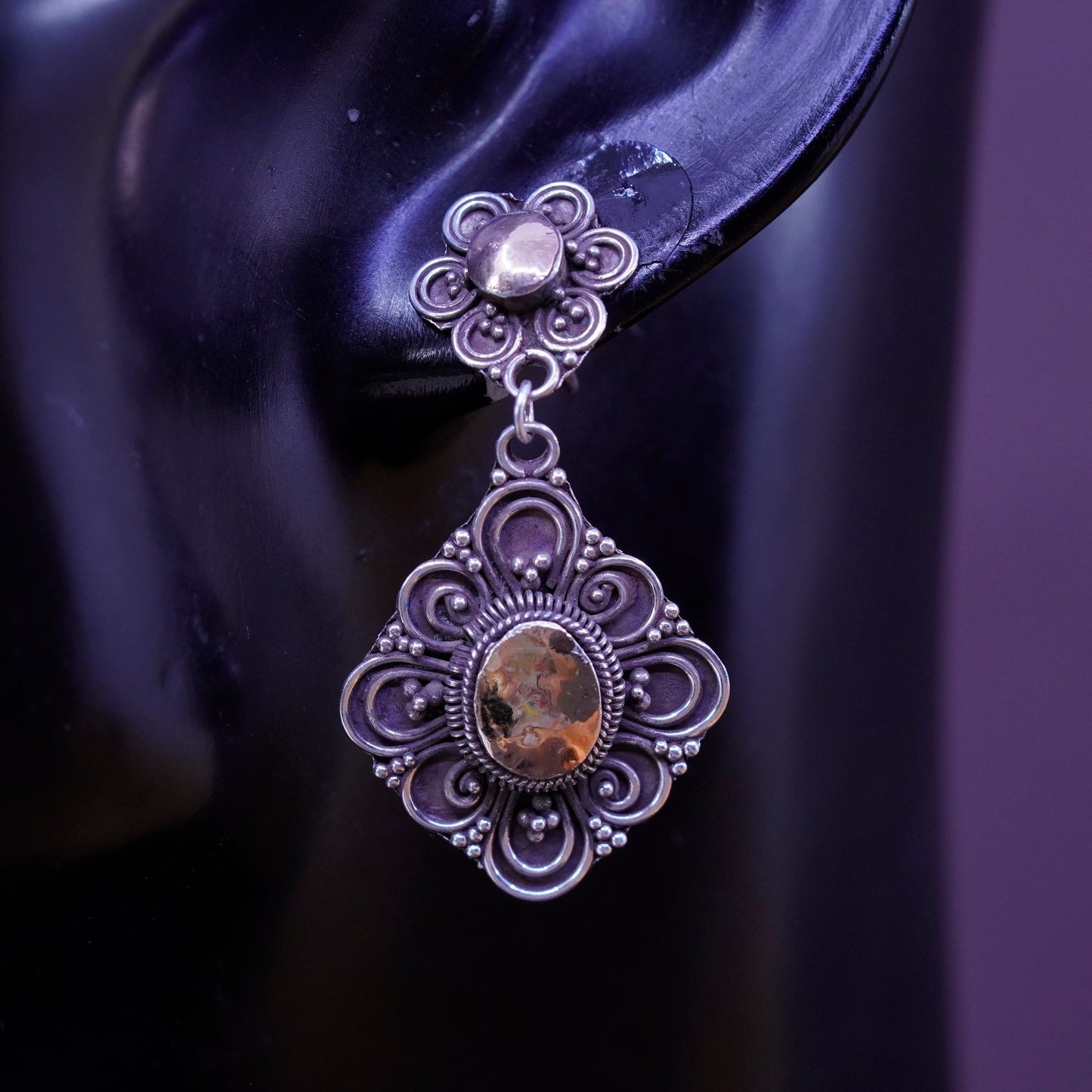 Two tone handmade sterling silver earrings, 925 floral dangle 14K accent beads