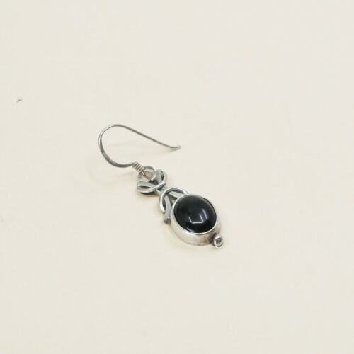 Vintage Sterling Silver Handmade Earrings, 925 Silver Dangles W/ Obsidian Inlay