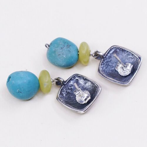 Vtg handmade Sterling 925 Silver Textured earrings W/ Jade N Turquoise Beads