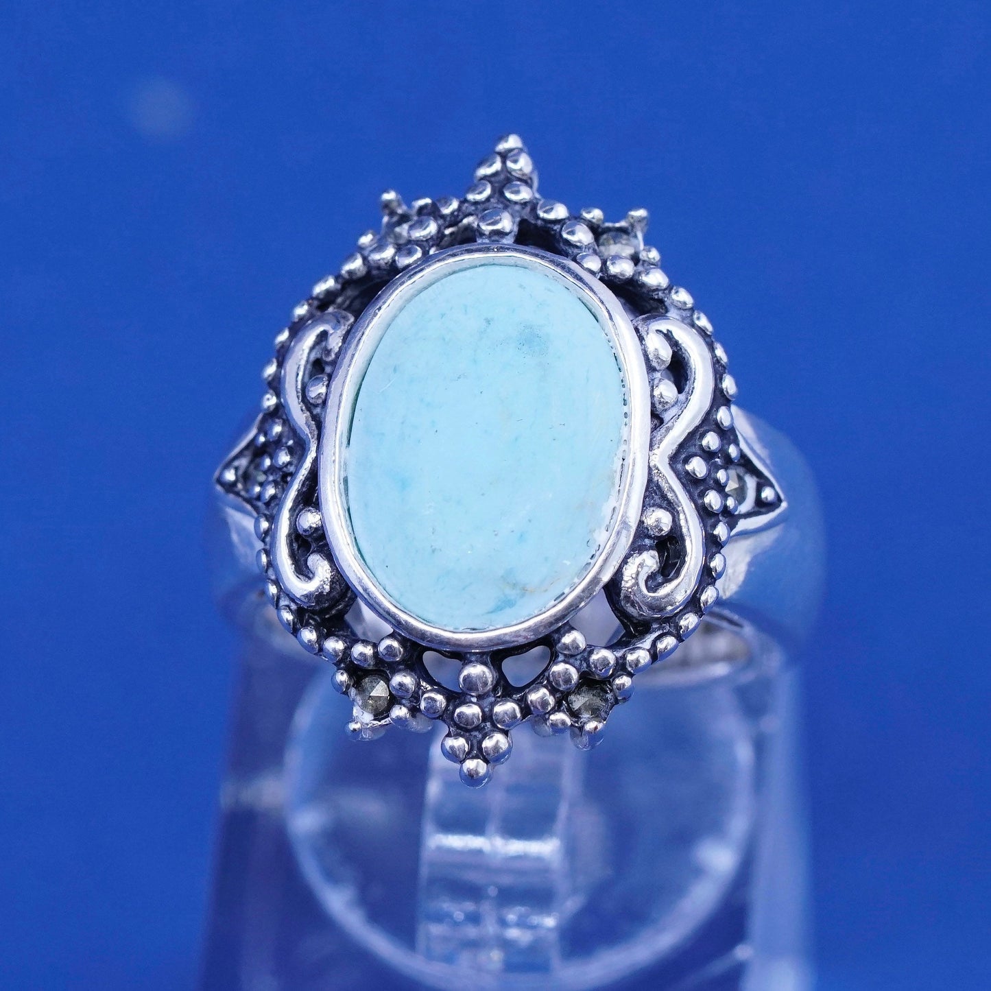 Size 5.75, vintage Sterling 925 silver handmade ring with turquoise and beads