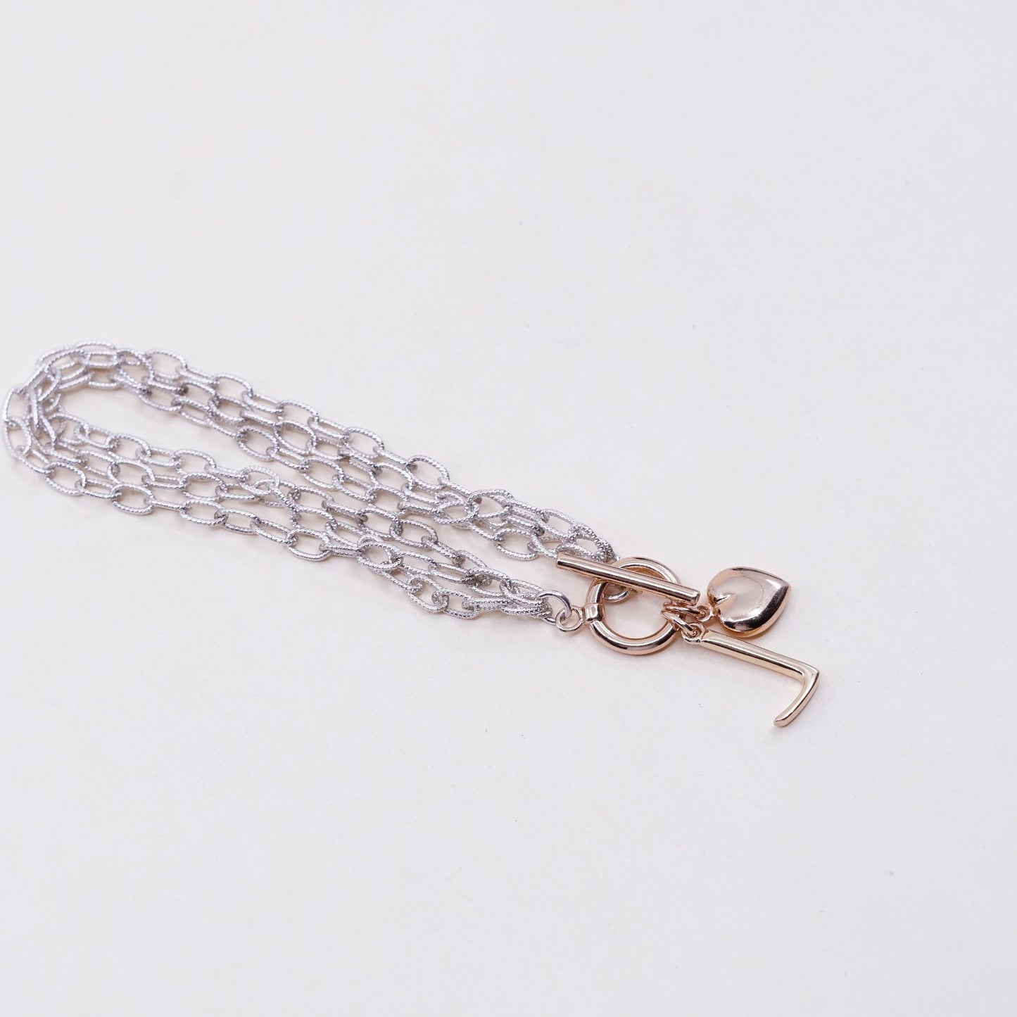 7”, sterling silver circle bracelet, 925 oval chain w/ rose gold heart J charm