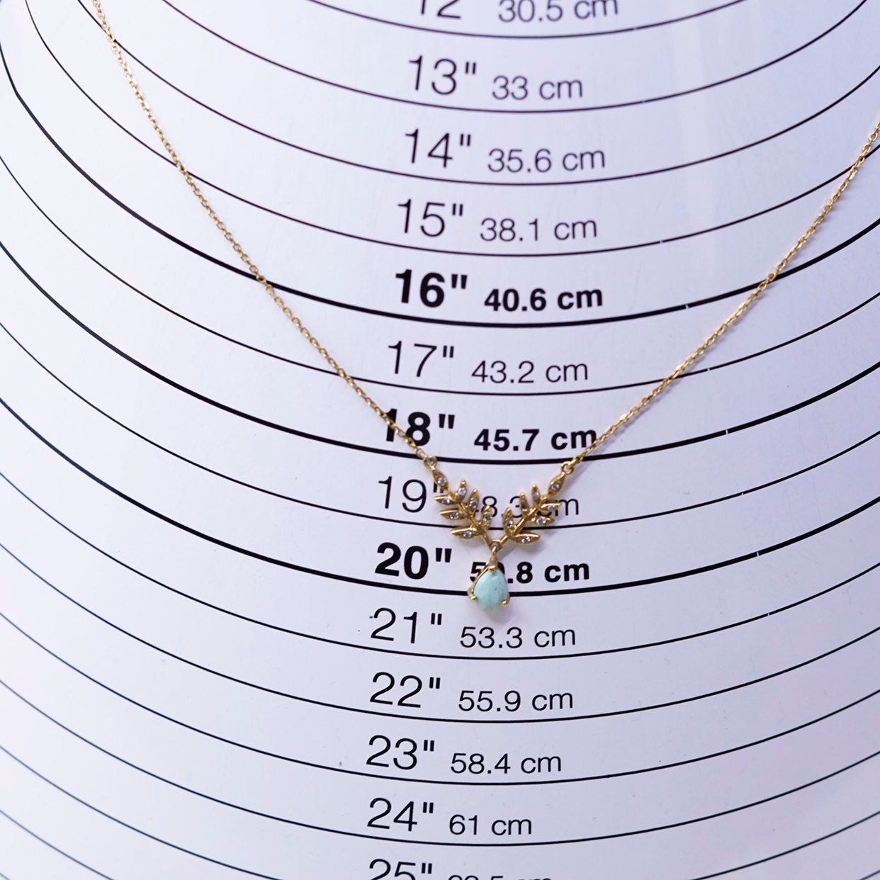 16", gold sterling 925 silver necklace chain w/ leaves pendant N turquoise