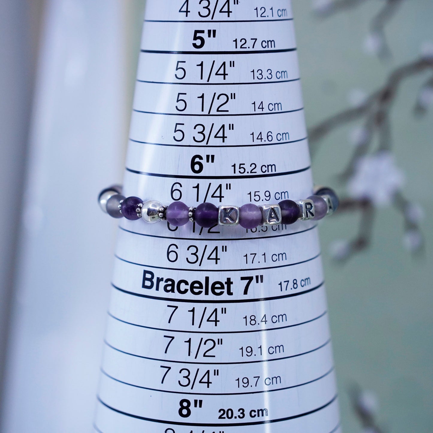 6.5”, handmade Bracelet amethyst beads and 925 sterling silver cube “Kara”