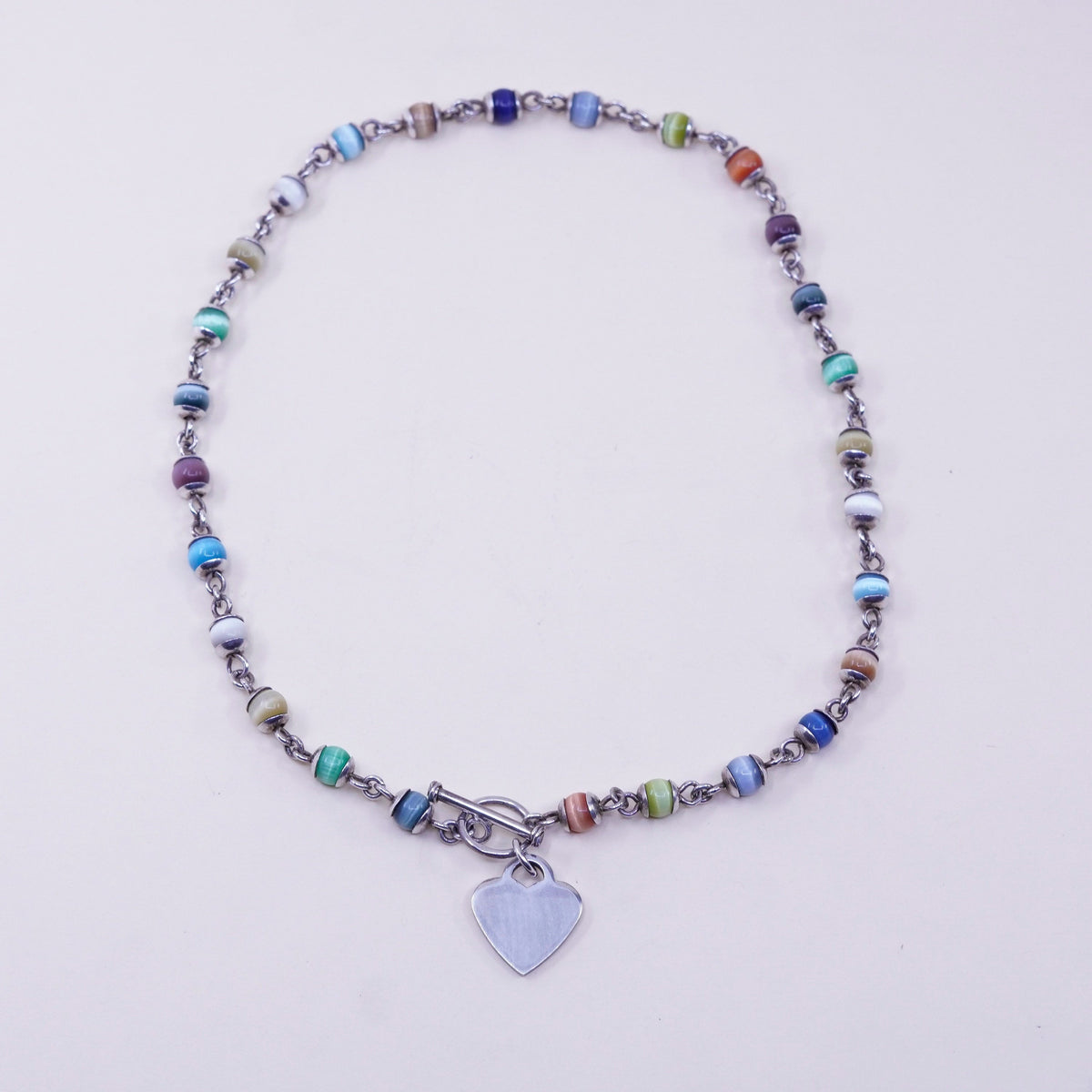 16”, sterling silver handmade necklace, colorful tiger eye beads heart charm