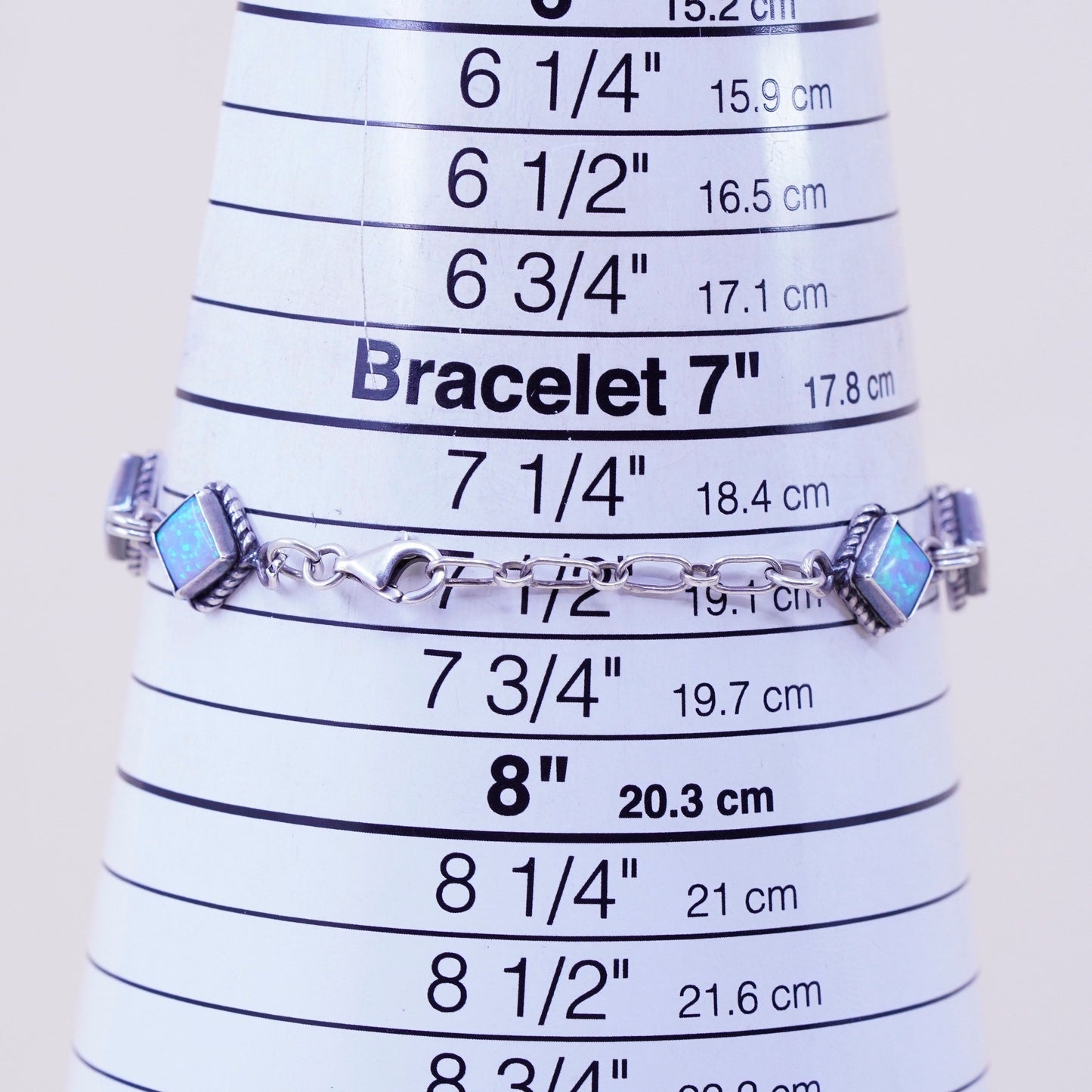 6.5+1”, vintage Sterling 925 silver tennis bracelet with opal and cable