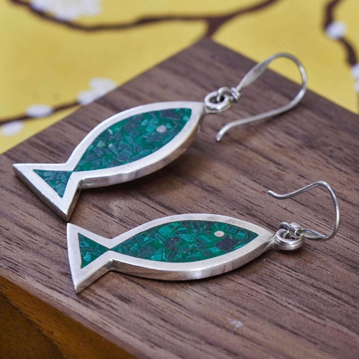 Vintage mexico Sterling silver handmade earrings, 925 fish with turquoise