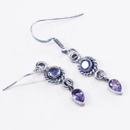 vtg sterling silver handmade earrings, 925 w/ teardrop amethyst drops
