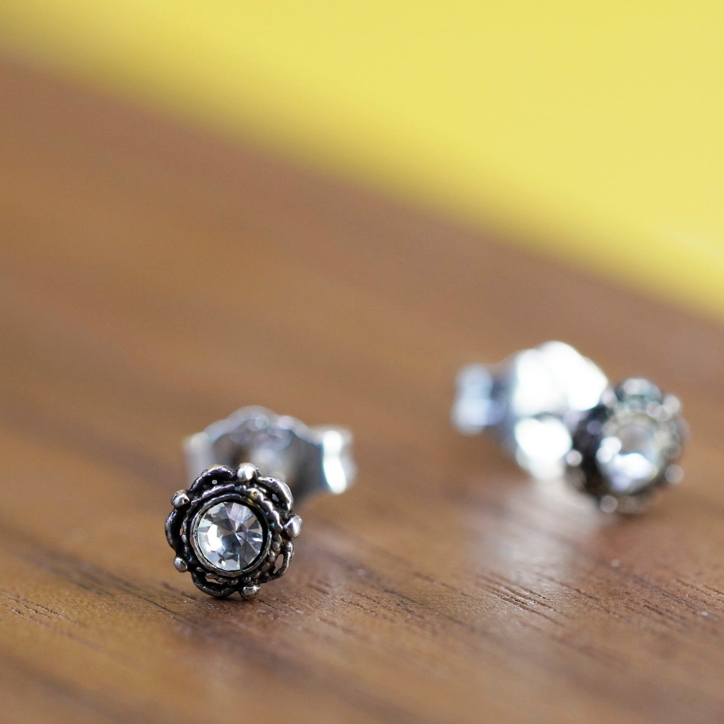Vintage Sterling 925 silver clear cz studs, floral earrings
