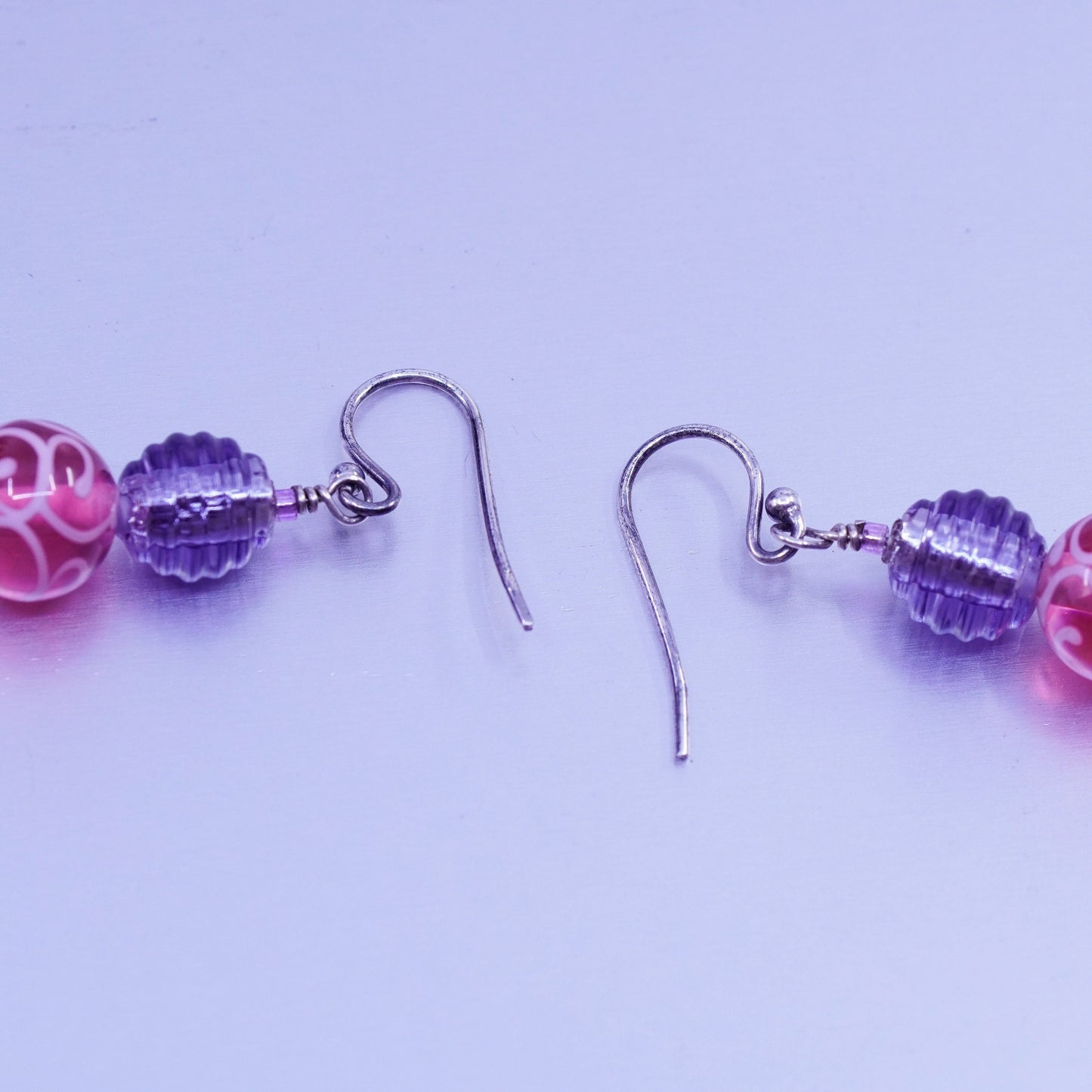 Vintage Sterling 925 silver earrings with artisan purple pink glass beads