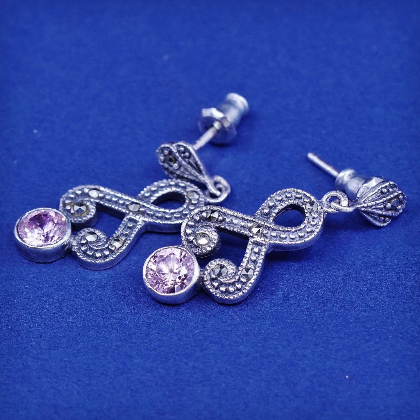 vtg sterling 925 silver handmade earrings w/ pink crystal M marcasite