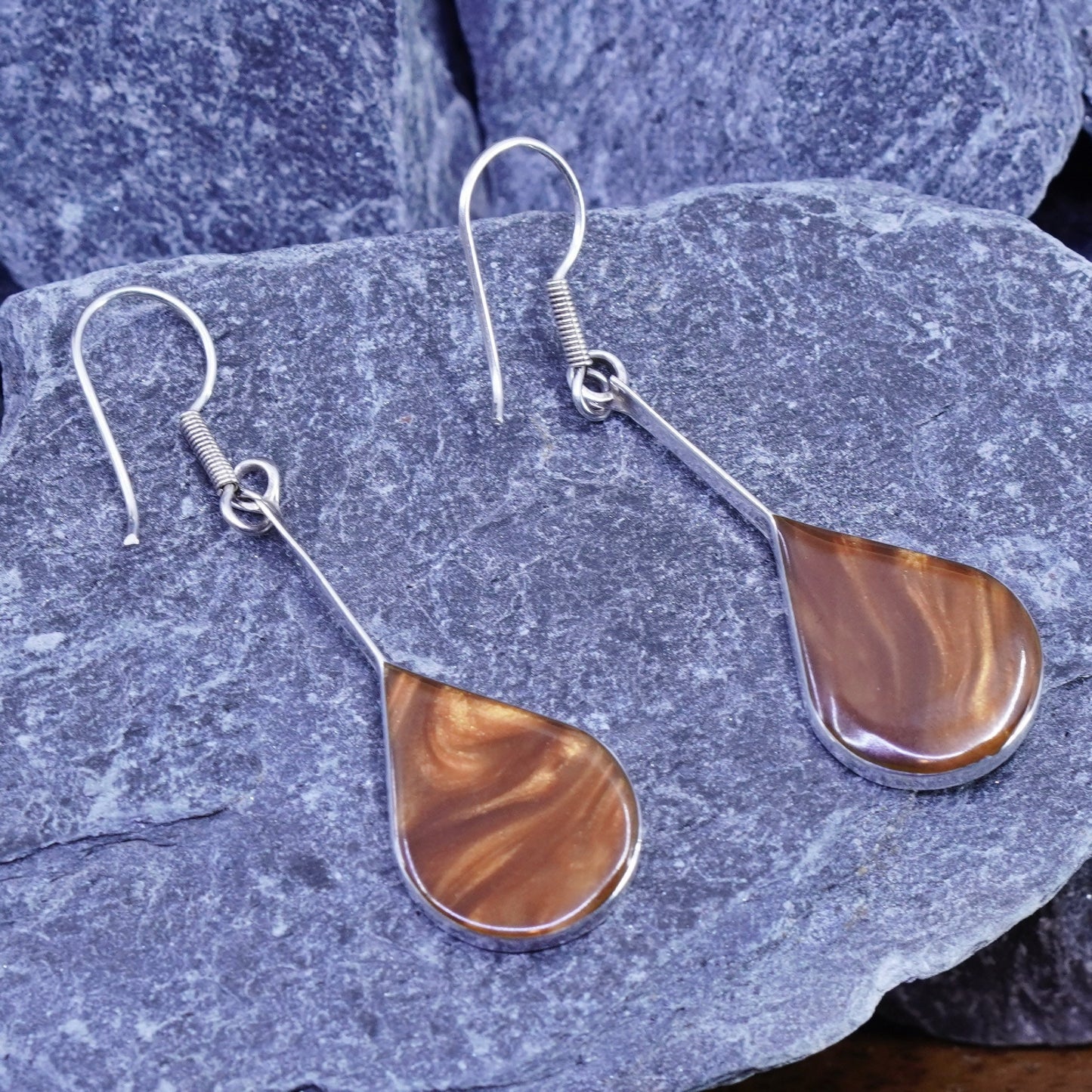 Vintage sterling silver handmade earrings, 925 teardrop with golden resin
