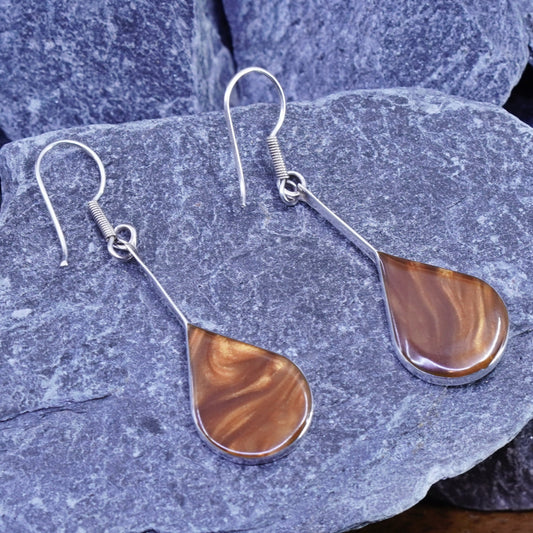 Vintage sterling silver handmade earrings, 925 teardrop with golden resin