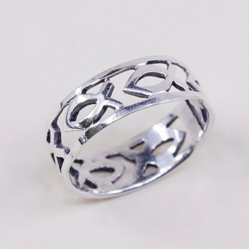 Size 9, Vtg Sterling Silver Handmade Ring 925 Band Fish Cut Out, Stamped 925