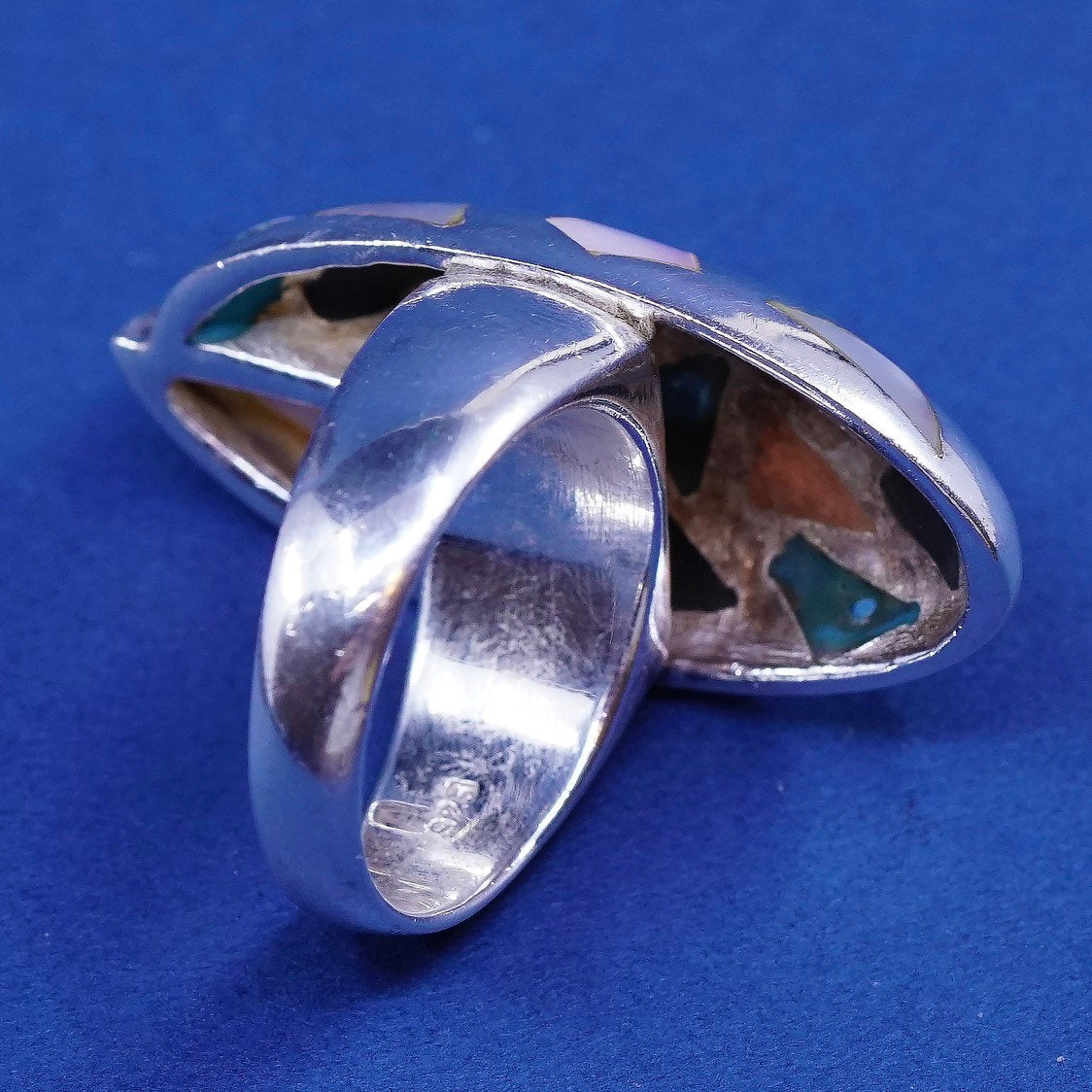 sz 8, vtg Sterling silver handmade swirl ring, 925 Statement ring w/ mother of pearl
