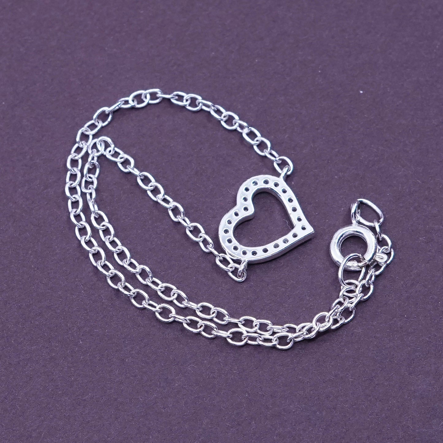 7.75”, Sterling silver handmade charm bracelet, 925 circle chain w/ Cz heart