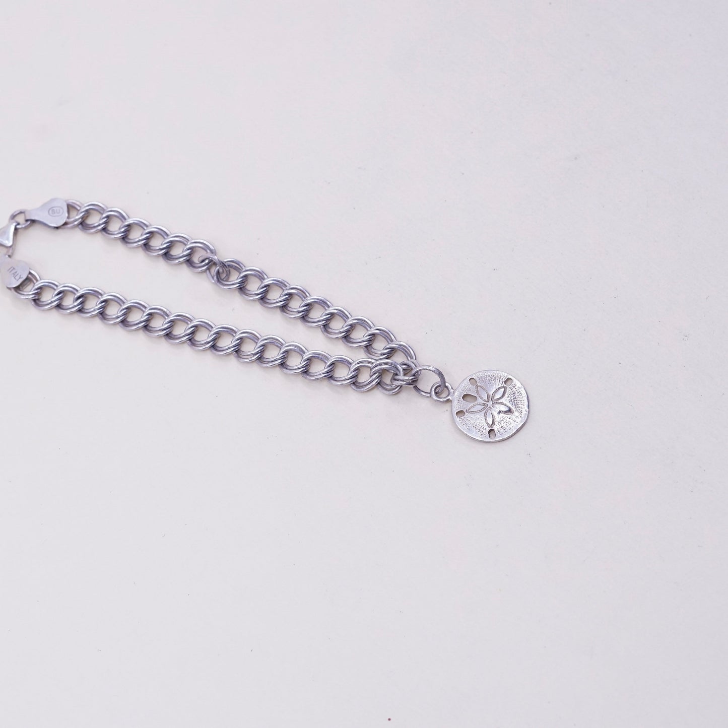 6.75”, sterling silver double curb chain, 925 bracelet w/ sand dollar charm