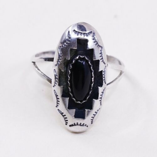 Sz 8.25 Carmelio Patania Navajo Sterling 925 Silver Handmade Ring W/ Obsidian