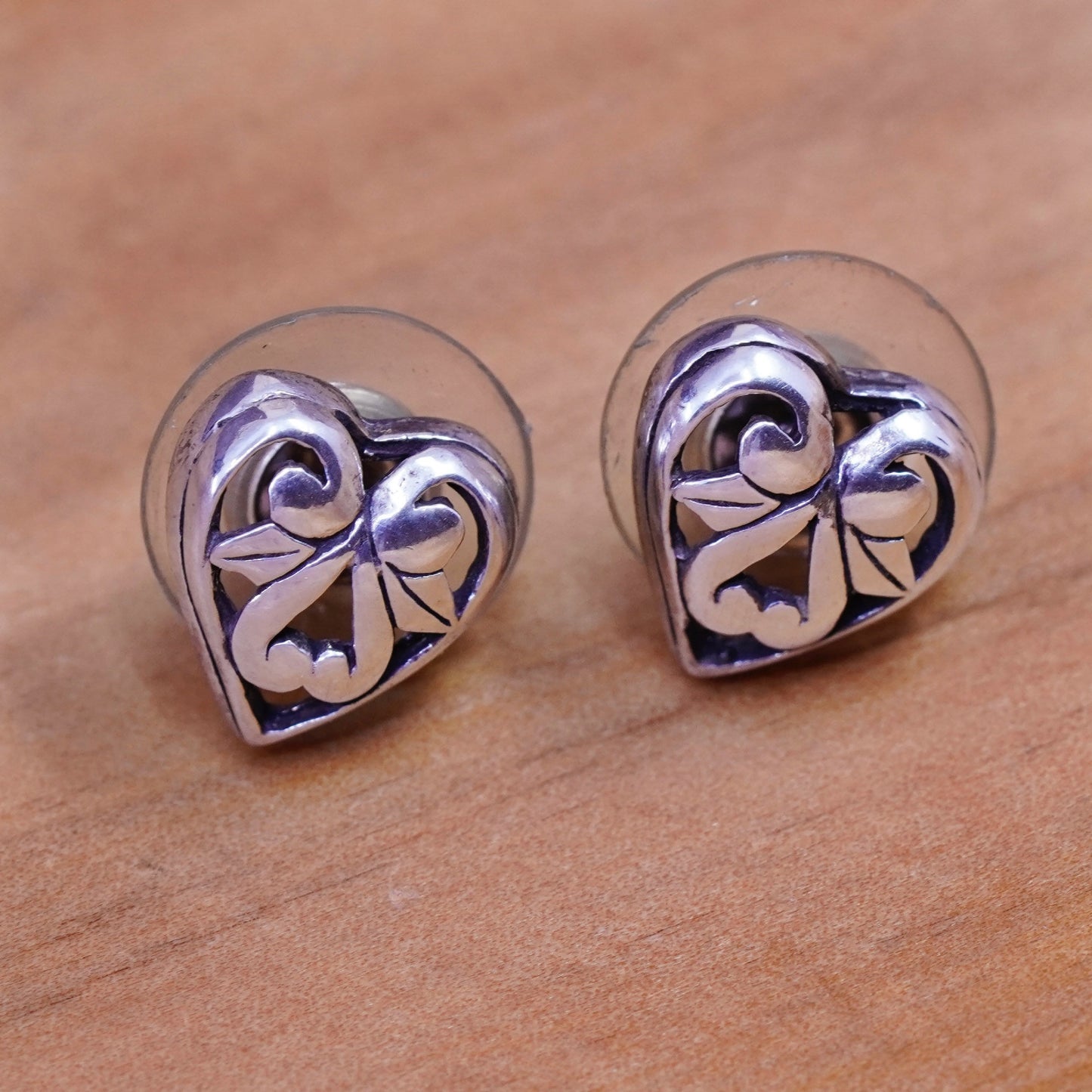 Vintage Sterling silver handmade earrings, filigree 925 heart studs