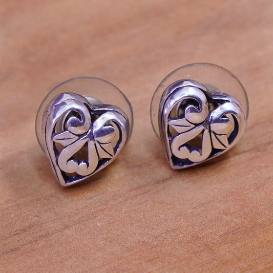 Vintage Sterling silver handmade earrings, filigree 925 heart studs